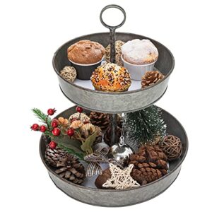 FLORA Farmhouse 2 Tiered Galvanized Serving Tray Stand with Carry Handle, Rustic Metal Display Tray for Cupcake Dessert Fruit, Perfect for Indoor or Outdoor Party Home Décor