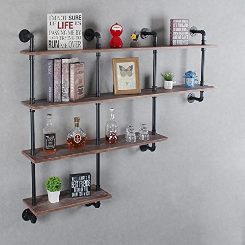 Womio 4-Tiers Industrial Floating Shelves Wall Mounted,63inch Rustic Pipe Shelf for Kitchen or Office Organizer,Real Wood&Metal Wall Shelf,Farmhouse Decorative Bookshelf,Retro Grey