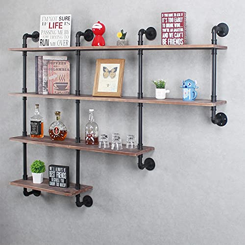 Womio 4-Tiers Industrial Floating Shelves Wall Mounted,63inch Rustic Pipe Shelf for Kitchen or Office Organizer,Real Wood&Metal Wall Shelf,Farmhouse Decorative Bookshelf,Retro Grey