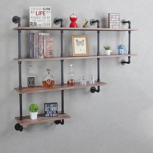 Womio 4-Tiers Industrial Floating Shelves Wall Mounted,63inch Rustic Pipe Shelf for Kitchen or Office Organizer,Real Wood&Metal Wall Shelf,Farmhouse Decorative Bookshelf,Retro Grey