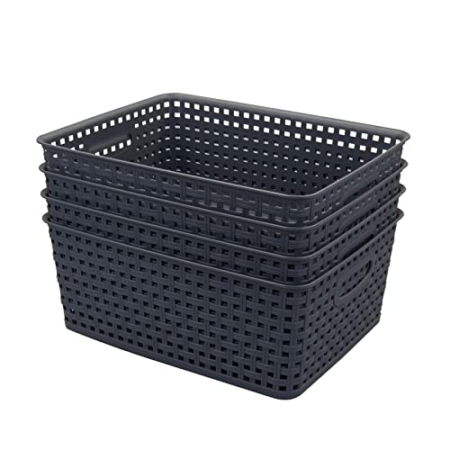 Ggbin 4 Packs Plastic Weave Storage Basket, Small Pantry Organizer Bin, Grey, 6.5 Quart, R