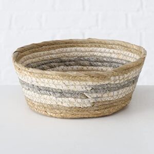 Coastal Grey Stripes 3 Piece Basket Set, Shelf Organizers, Corn Husk Wicker, Chunky Rope Weave, Stitched, Diameter 9.75 Inches