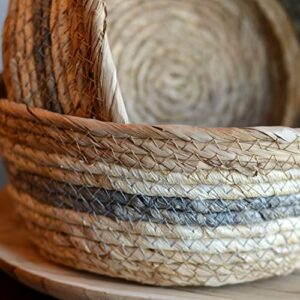 Coastal Grey Stripes 3 Piece Basket Set, Shelf Organizers, Corn Husk Wicker, Chunky Rope Weave, Stitched, Diameter 9.75 Inches