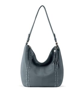 the sak sequoia hobo bag in leather, roomy purse with multi use design, dusty blue crochet