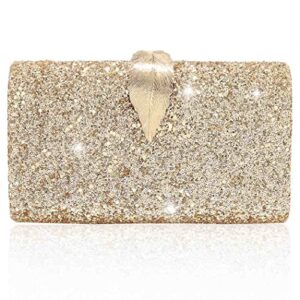 barode clutch purses for women silver glitter shoulder bag bridal wedding leaf prom cocktail party bride wristlet handbags (gold)