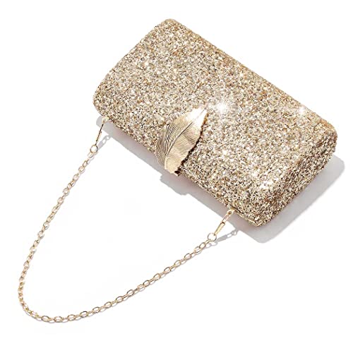 Barode Clutch Purses for Women Silver Glitter Shoulder Bag Bridal Wedding Leaf Prom Cocktail Party Bride Wristlet Handbags (Gold)