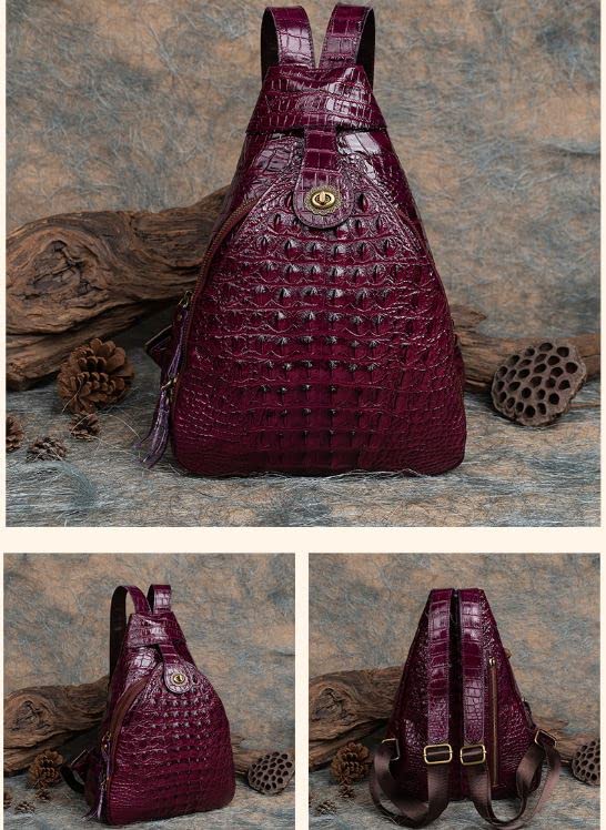 seegeeneey Genuine Leather Backpack Shoulder Bag For Women Tote Purse Satch Crocodile Pattern Embossed Travel Bag Vintage Medium (Purple)