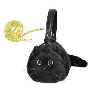 huijufu realistic puffy plush cat shaped crossbody handbag for women (black cat)