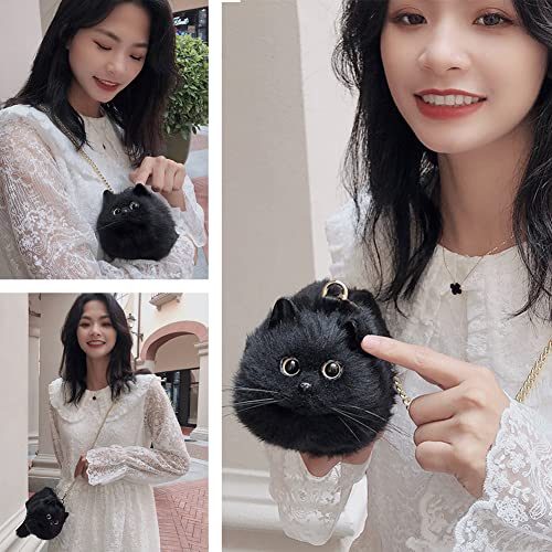 HUIJUFU Realistic Puffy Plush Cat Shaped Crossbody Handbag for Women (Black Cat)