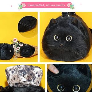 HUIJUFU Realistic Puffy Plush Cat Shaped Crossbody Handbag for Women (Black Cat)