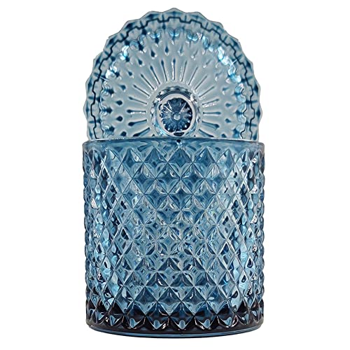 Sizikato Diamond Faceted Crystal Glass Candy Jar with Lid, 18oz Blue Decorative Jar, Nut Jar, Dried Fruit Storage Jar.