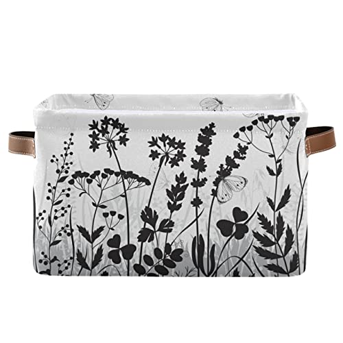 susiyo Black White Wildflowers Floral Storage Bins, 14 x 10 inch Canvas Storage Basket for Shelves Closet Organizing - 1 Piece