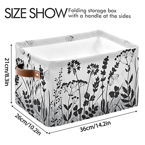 susiyo Black White Wildflowers Floral Storage Bins, 14 x 10 inch Canvas Storage Basket for Shelves Closet Organizing - 1 Piece