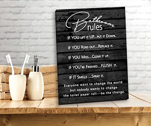 Fengminyi Simple black and white style Bathroom Rules canvas Wall Decor,Be the change Bathroom Decor Wall Art,Farmhouse Toilet Wall Decor,Rustic Bathroom Funny Rules Prints Signs Framed12 x15