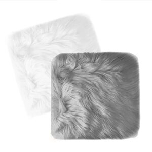 qioly pack of 2, faux fur plush cushion fluffy square small area rug, luxury background for small items/ jewelry/ nail art desk photos, product display & school locker decor (white + grey)