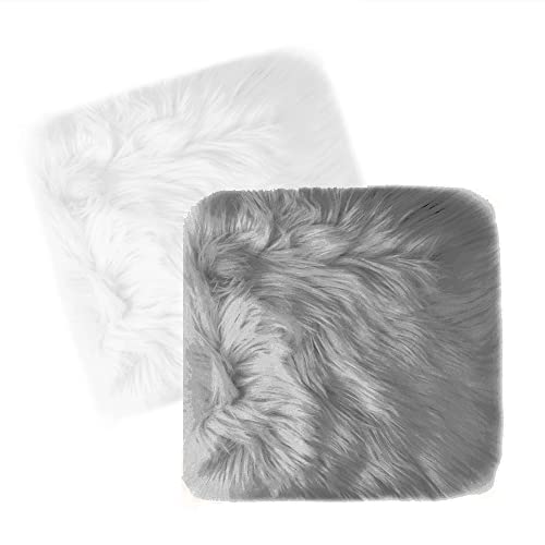 Qioly Pack of 2, Faux Fur Plush Cushion Fluffy Square Small Area Rug, Luxury Background for Small Items/ Jewelry/ Nail Art Desk Photos, Product Display & School Locker Decor (White + Grey)