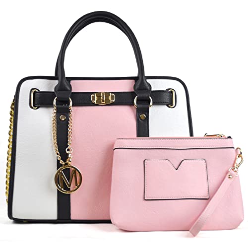 Women Fashion Satchel Shoulder Purse Vegan Leather Tote Handbags Top Handle Bag 2pcs with Wallet(Pink/White)