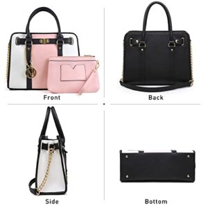 Women Fashion Satchel Shoulder Purse Vegan Leather Tote Handbags Top Handle Bag 2pcs with Wallet(Pink/White)