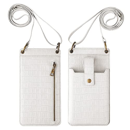 Shiratori Small Crossbody Cell Phone Purse for Women, Mini Messenger Shoulder Handbag Wallet with Credit Card Slots With makeup mirror White