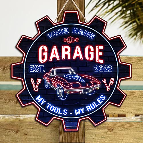 V VIBEPY-All Over Printed Personalized Garage Sign, My Tool My Rules US Flag, Car Garage Wooden Sign, 12x12", 18x18", Dad Garage Signs, Garage Signs Vintage, Garage Storage Sign, Father Garage Sign, Garage Sign For Men, Man Cave,Game Room Decor Father Day