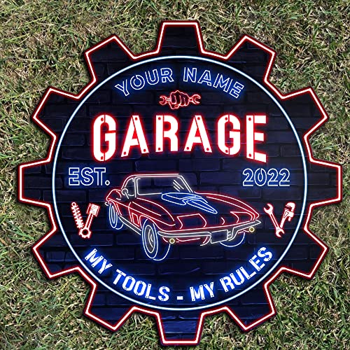 V VIBEPY-All Over Printed Personalized Garage Sign, My Tool My Rules US Flag, Car Garage Wooden Sign, 12x12", 18x18", Dad Garage Signs, Garage Signs Vintage, Garage Storage Sign, Father Garage Sign, Garage Sign For Men, Man Cave,Game Room Decor Father Day