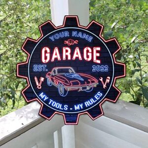 V VIBEPY-All Over Printed Personalized Garage Sign, My Tool My Rules US Flag, Car Garage Wooden Sign, 12x12", 18x18", Dad Garage Signs, Garage Signs Vintage, Garage Storage Sign, Father Garage Sign, Garage Sign For Men, Man Cave,Game Room Decor Father Day