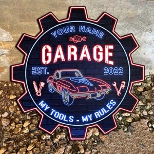 V VIBEPY-All Over Printed Personalized Garage Sign, My Tool My Rules US Flag, Car Garage Wooden Sign, 12x12", 18x18", Dad Garage Signs, Garage Signs Vintage, Garage Storage Sign, Father Garage Sign, Garage Sign For Men, Man Cave,Game Room Decor Father Day