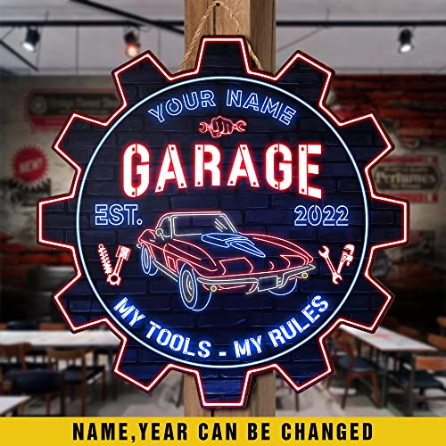 V VIBEPY-All Over Printed Personalized Garage Sign, My Tool My Rules US Flag, Car Garage Wooden Sign, 12x12", 18x18", Dad Garage Signs, Garage Signs Vintage, Garage Storage Sign, Father Garage Sign, Garage Sign For Men, Man Cave,Game Room Decor Father Day