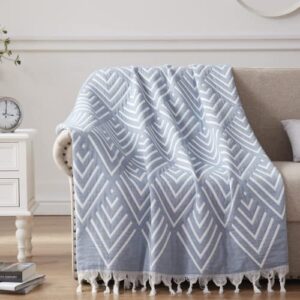 doowell throw blanket, cotton lightweight decorative fringe boho blanket with tassels, outdoor soft comfort for couch, bed, sofa, suitable for all seasons 50″x60″