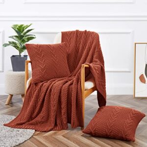 aormenzy knitted throw blanket (50″ x 60″) and 2 pillow covers (18″ x 18″), 3 piece rust throw blanket set, decorative throw blankets for couch sofa bed living room