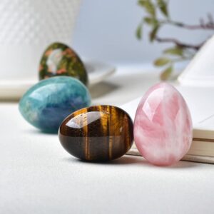 Natural Opal Pink Crystal Topaz Crystal Egg Sphere Sculpture Reiki Healing Crystal Gemstone Stone Quartz Egg Divination Figurine with Wood Stand for Home Decoration (7 Eggs)