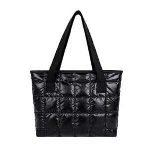 women light weight puffer quilted tote winter handbag shoulder bag (black)