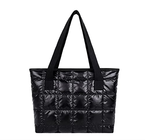 Women Light Weight Puffer Quilted Tote Winter Handbag Shoulder Bag (Black)