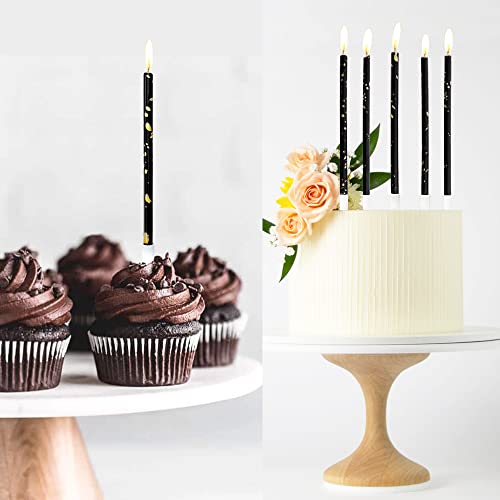 APLUSELECTION 24 Count Black Gold Long Thin Birthday Candles for Cake, Black Cake Candles Decoration for Birthday Parties, Wedding Decorations, Party Candles