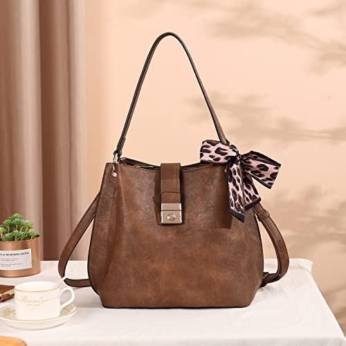 CLUCI Bucket bag, hobo bags for women Purses Handbags Vegan Leather Designer Tote Large Hobo Shoulder Cross-body Bag, Two-tone Brown