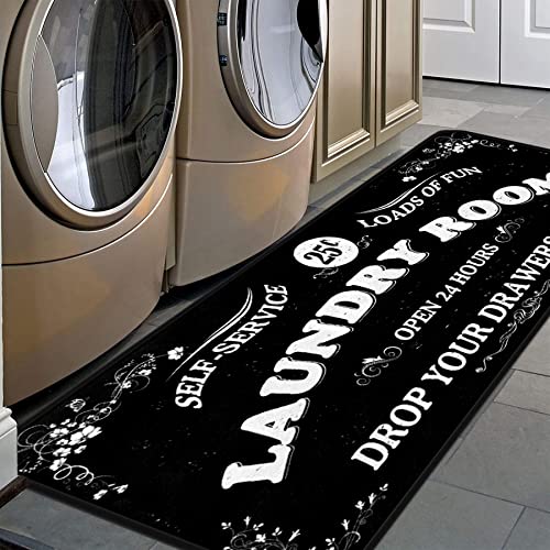 Laundry Room Long Rug Area Rug Non-Slip Floor Mat Waterproof Farmhouse Carpet for Kitchen 40" x 20"(Black-1)