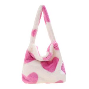 QWDLID Plush Tote Bags Fluffy Pink Hearts Pattern Print Shoulder Satchel Fashion Faux Fur Handbag Women Plush Shoulder Bag Crossbody Handbags Casual Soft Crossbody Purse for Shopping Traveling