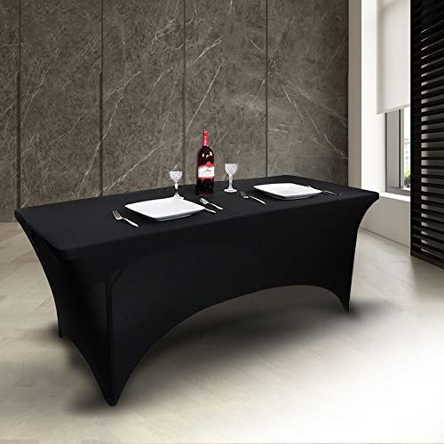 Leoa's Lux 2 Pcs Black Spandex Table Covers 6ft Fitted Tablecloth Stretch for Standard Folding Tables - Elastic Rectangular Wrinkle Resistant Massage Table Clothes for 6 Foot Rectangle Tables