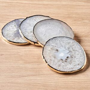 white agate coasters for drinks, crystal coasters with gold edge 3.5 – 4″, geode coaster set of 4, gemstone natural stone coasters for coffee table, white agate slices cup mat for home decor