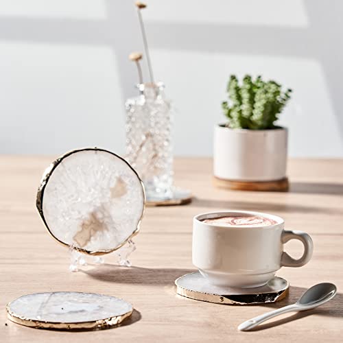 White Agate Coasters for Drinks, Crystal Coasters with Gold Edge 3.5 - 4", Geode Coaster Set of 4, Gemstone Natural Stone Coasters for Coffee Table, White Agate Slices Cup Mat for Home Decor