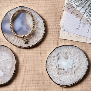 White Agate Coasters for Drinks, Crystal Coasters with Gold Edge 3.5 - 4", Geode Coaster Set of 4, Gemstone Natural Stone Coasters for Coffee Table, White Agate Slices Cup Mat for Home Decor