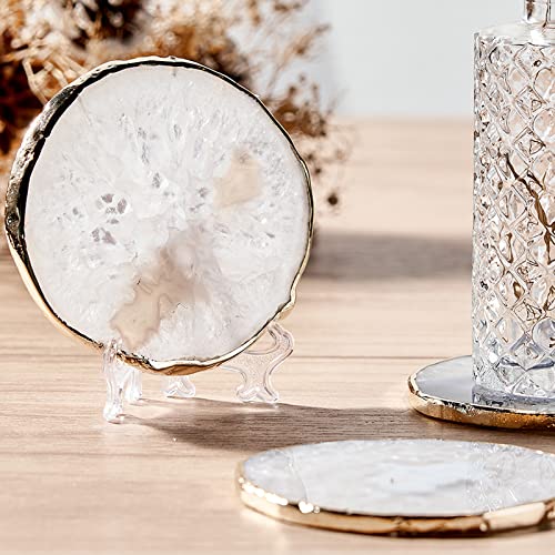 White Agate Coasters for Drinks, Crystal Coasters with Gold Edge 3.5 - 4", Geode Coaster Set of 4, Gemstone Natural Stone Coasters for Coffee Table, White Agate Slices Cup Mat for Home Decor