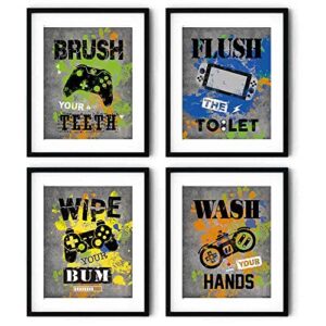 faljiok watercolor game bathroom wall decor art prints，set of 4 (8″x10″)， colorful trendy game bathroom themed wall decor，funny game gift for boys brother son grandson, unframed
