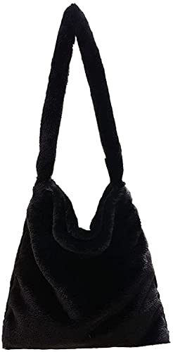 WAGHAIXAX Fluffy Tote Bag Y2K Long Strap Furry Tote Bag Large Cute Plush Bag Women Furry Underarm Bag for Autumn and Winter (Black)