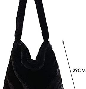 WAGHAIXAX Fluffy Tote Bag Y2K Long Strap Furry Tote Bag Large Cute Plush Bag Women Furry Underarm Bag for Autumn and Winter (Black)