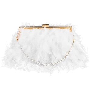 amylove evening purse with pearl gold chain faux fur purse fake feather clutch fluffy purse women’s evening handbags (white)