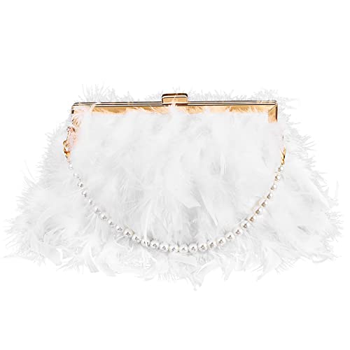 Amylove Evening Purse with Pearl Gold Chain Faux Fur Purse Fake Feather Clutch Fluffy Purse Women's Evening Handbags (White)