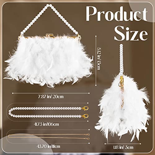 Amylove Evening Purse with Pearl Gold Chain Faux Fur Purse Fake Feather Clutch Fluffy Purse Women's Evening Handbags (White)