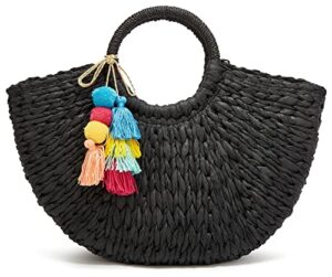 women straw bag large woven tote bag with pendant round handle tote retro purse hobo summer beach handbag
