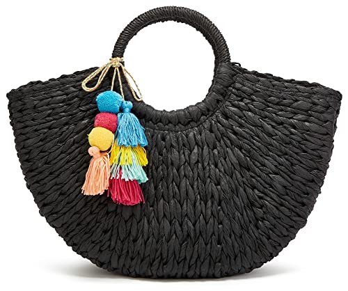 Women Straw Bag Large Woven Tote Bag with Pendant Round Handle Tote Retro Purse Hobo Summer Beach Handbag